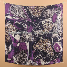 100% silk purple fashion women printed leopard head scarf